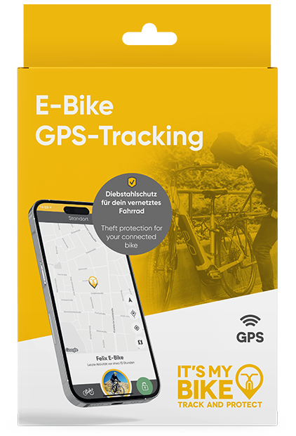 Verkaufsverpackung IT'S MY BIKE mit der App-Ansicht des georteten Fahrrads