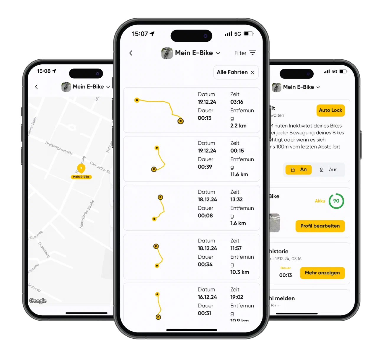 White-Label App auf drei Smartphones: Live-Ortung auf der Karte, Fahrtenhistorie und Auto-Lock