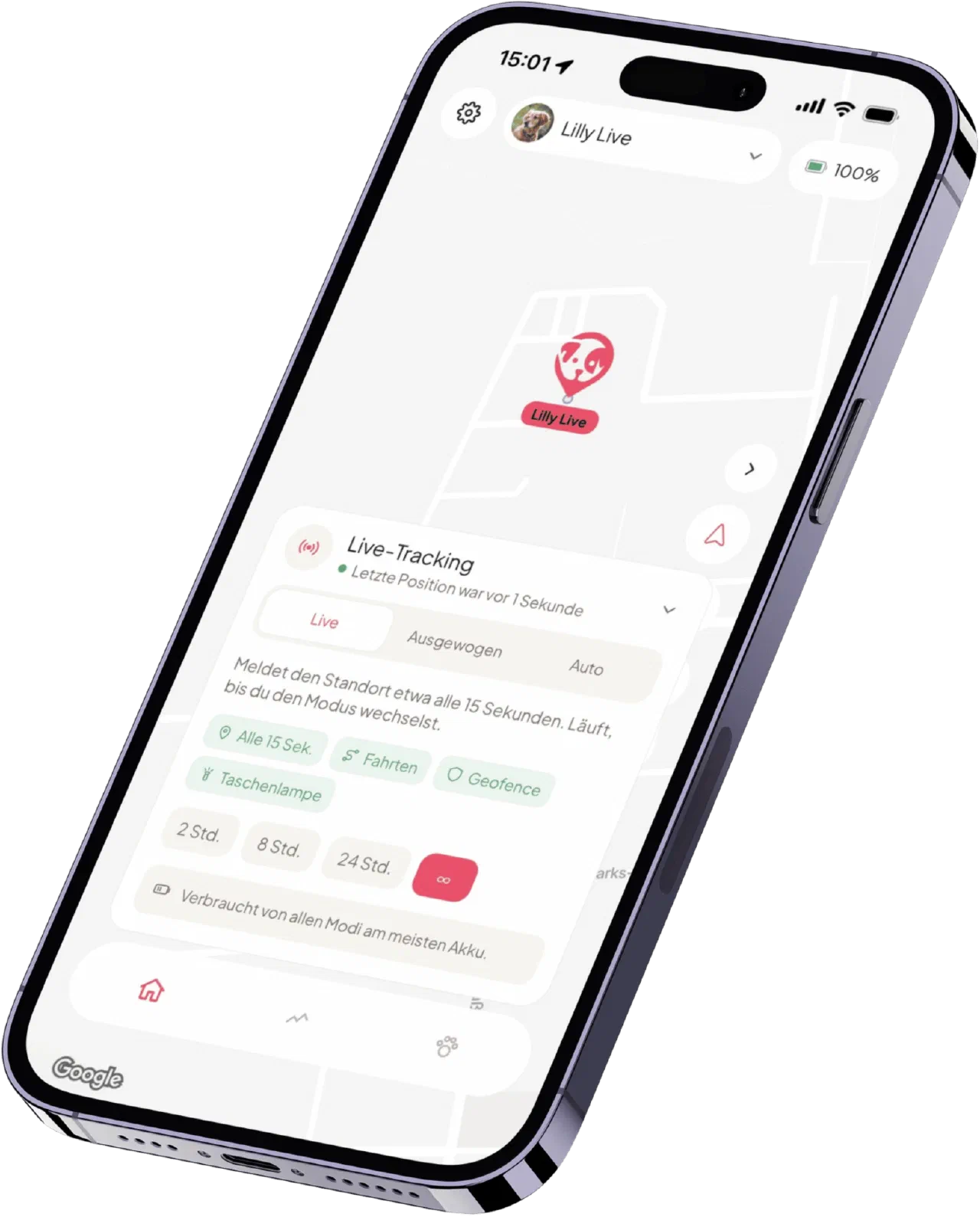 White-Label App mit Live-GPS-Ortung eines Hundes auf der Karte